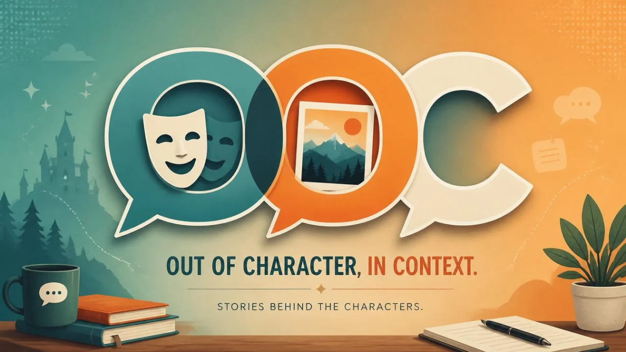 OOC meaning explained — out of character and out of context definitions with theater mask and photo icons