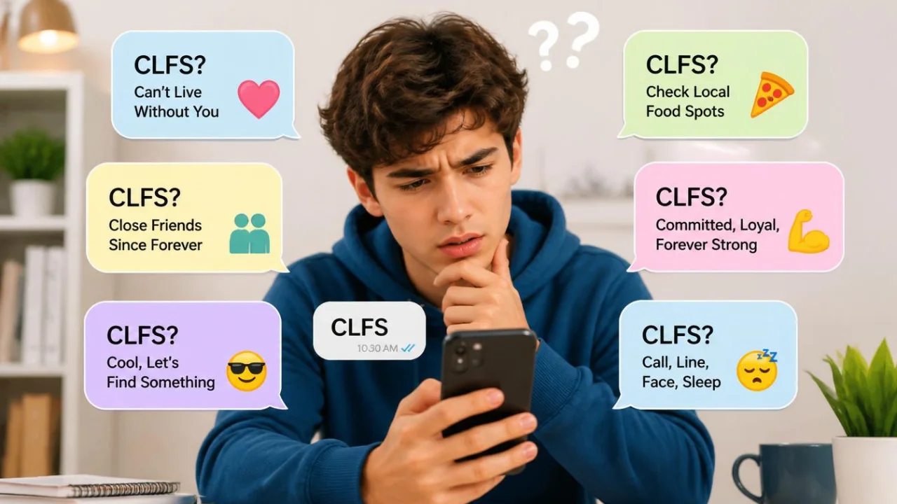Person looking at a phone while trying to understand the meaning of CLFS in a text message.