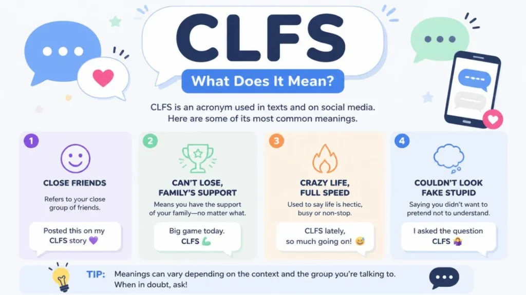 Different meanings of CLFS in text messages and social media.