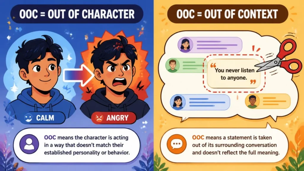 Comparison graphic showing OOC meaning as out of character (calm to angry) versus out of context (quote taken from conversation)