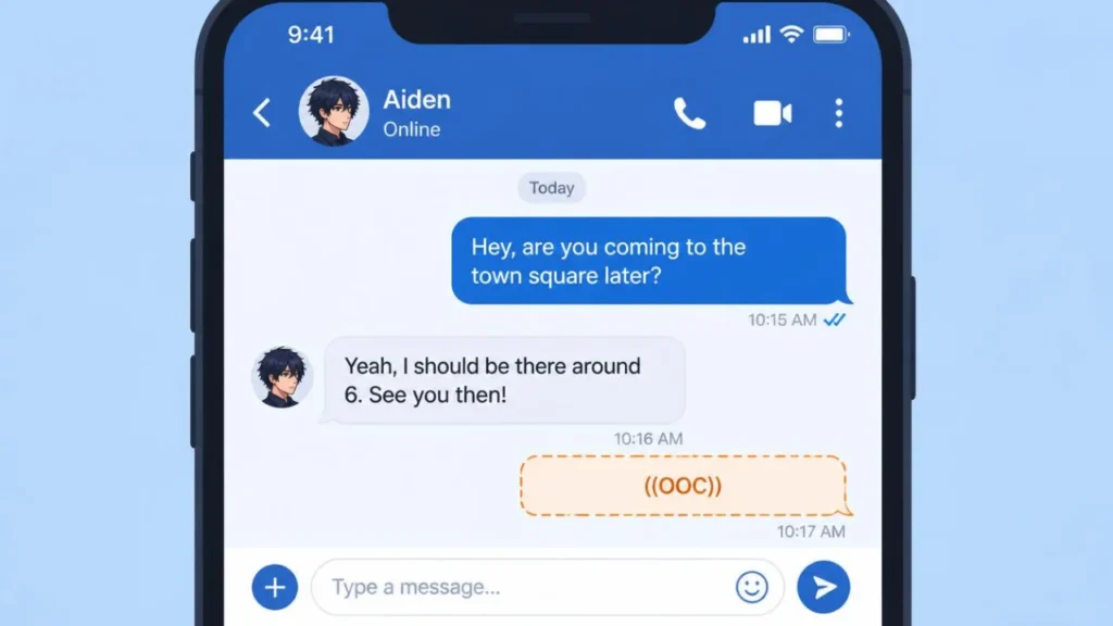 Example of OOC used in a chat conversation, shown in a dashed bracket message bubble on a phone screen
