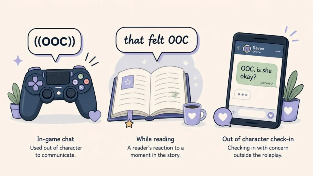 Three examples of OOC usage &mdash; in gaming chat, while reading fanfiction, and as an out-of-character check-in text