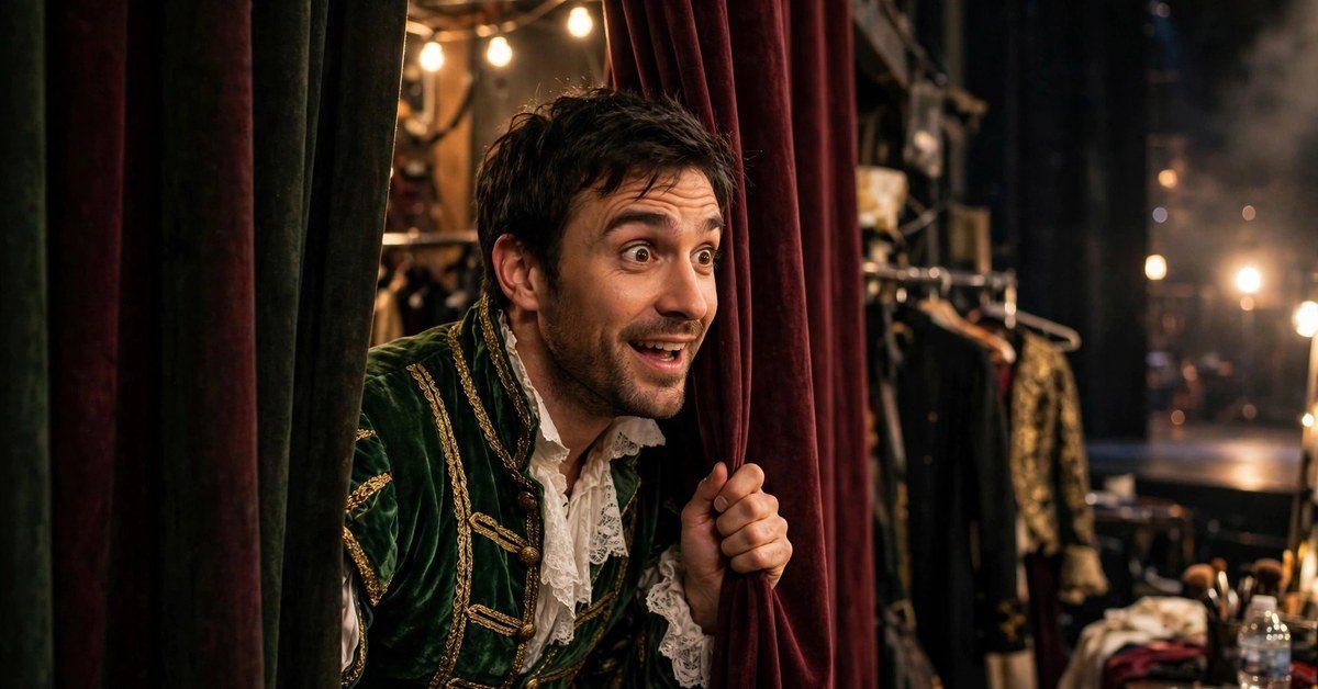 A young male actor taking a bow on a theatre stage under warm spotlights