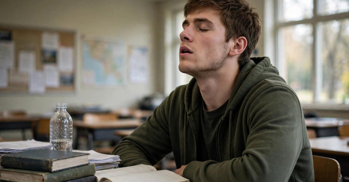 A male student sitting at a desk with exam papers, taking a deep breath before starting