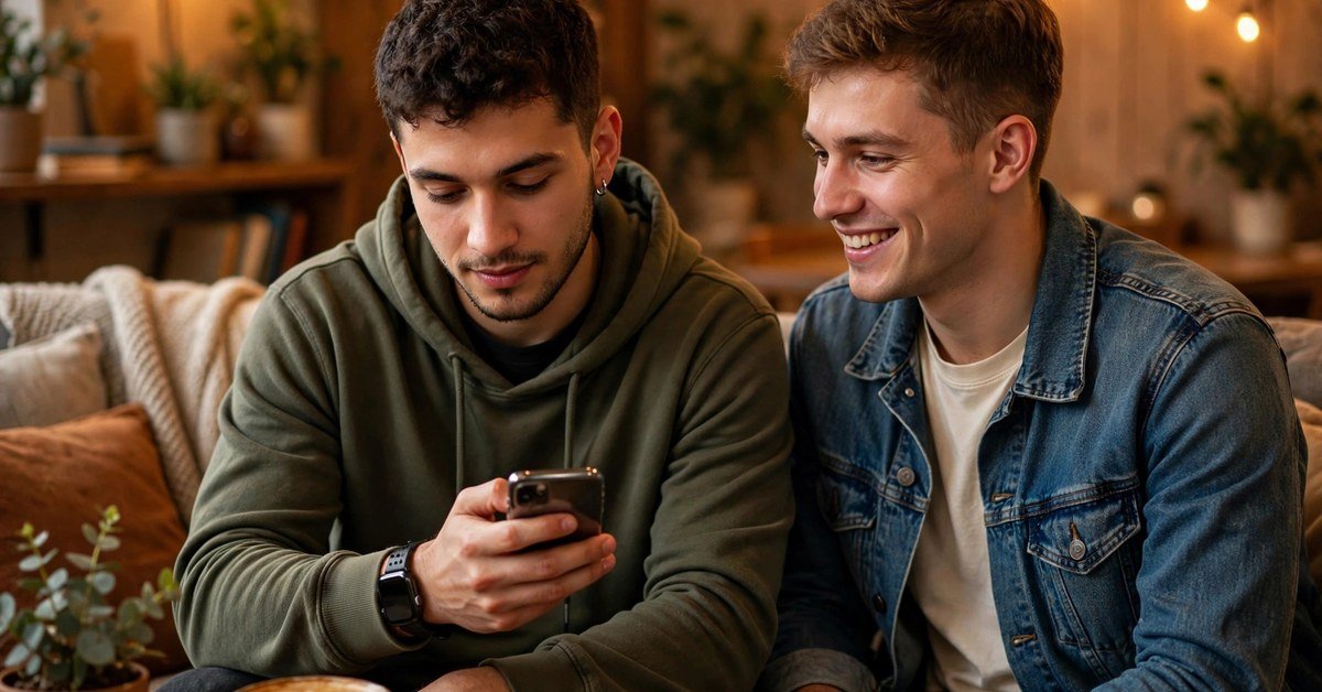 Two young men texting on their phones, one giving a thumbs up