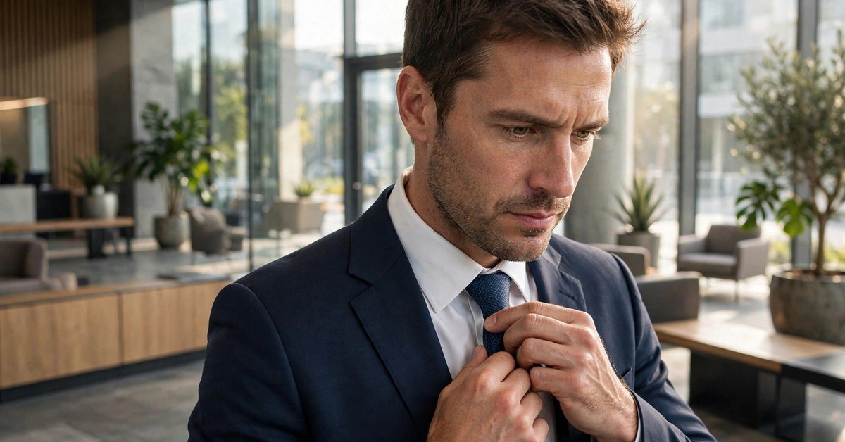 A smiling man in a suit straightening his tie outside an office building before a job interview
