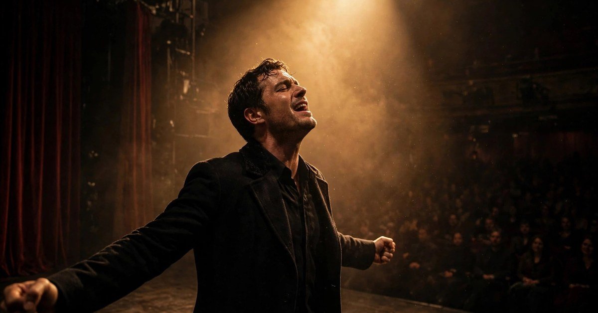 Male actor performing on a theatre stage under a warm spotlight