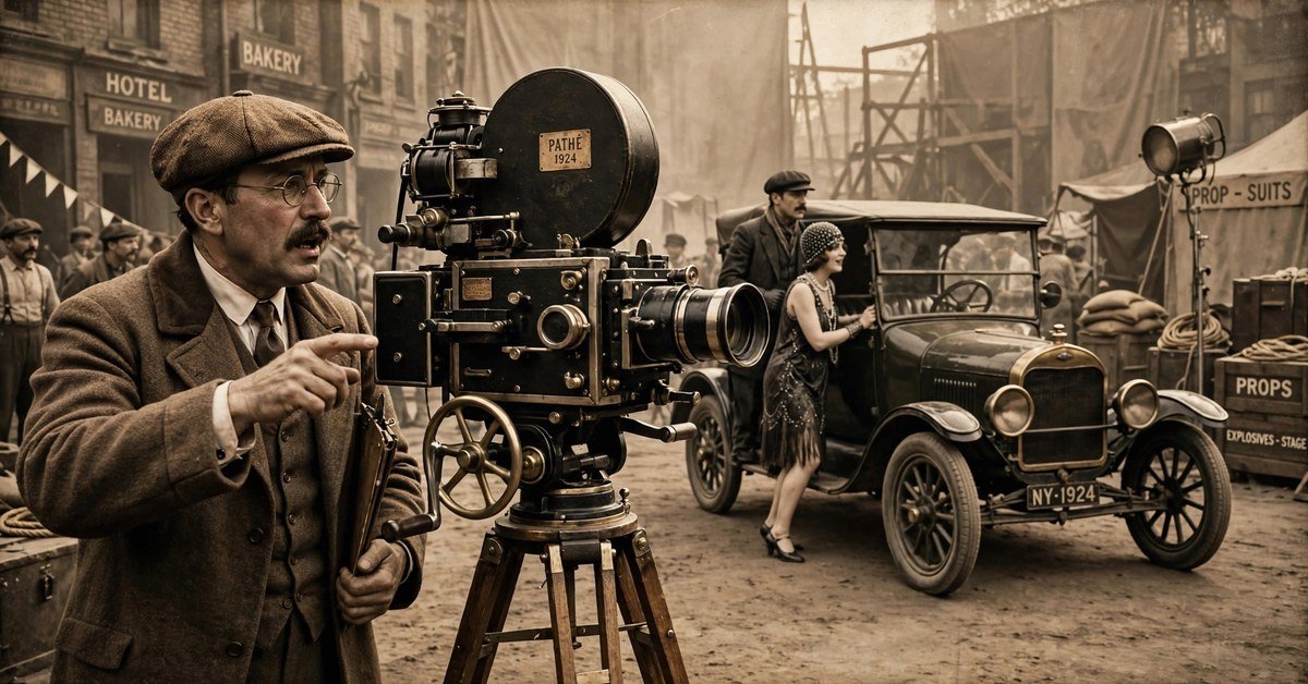 vintage silent film set with a director and an old movie camera filming a chase scene