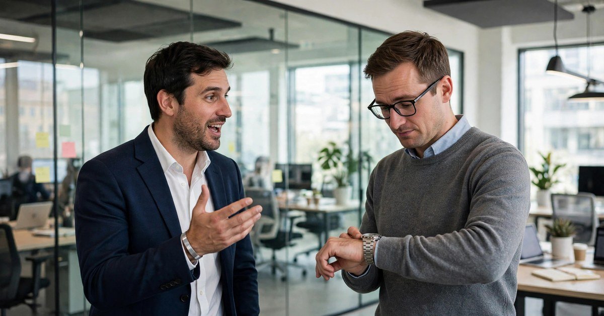 two men talking in an office while one checks his watch