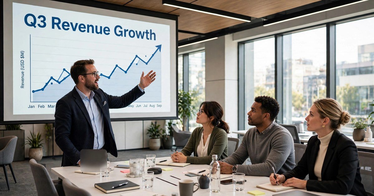 man presenting one key slide directly to his colleagues in a meeting
