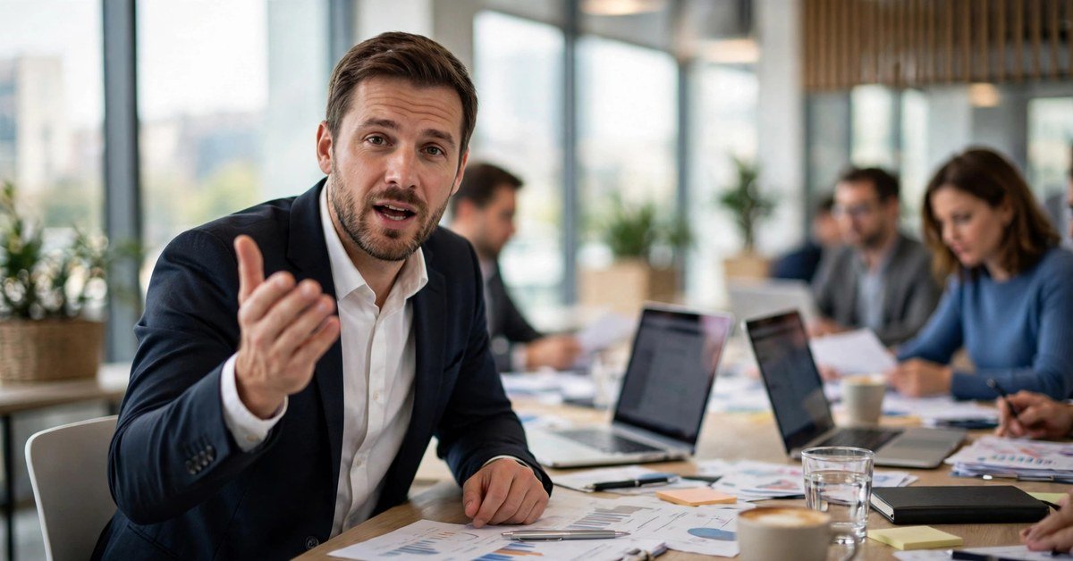 cut to the chase meaning — man in a meeting asking his team to get to the point