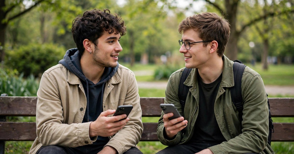 two young men chatting on phones and nodding in agreement