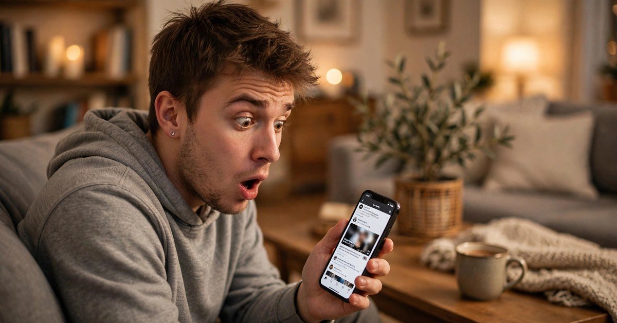 surprised young man looking at his phone asking fr