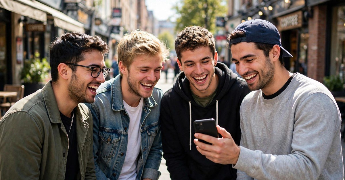 group of young men laughing together while looking at a phone outdoors