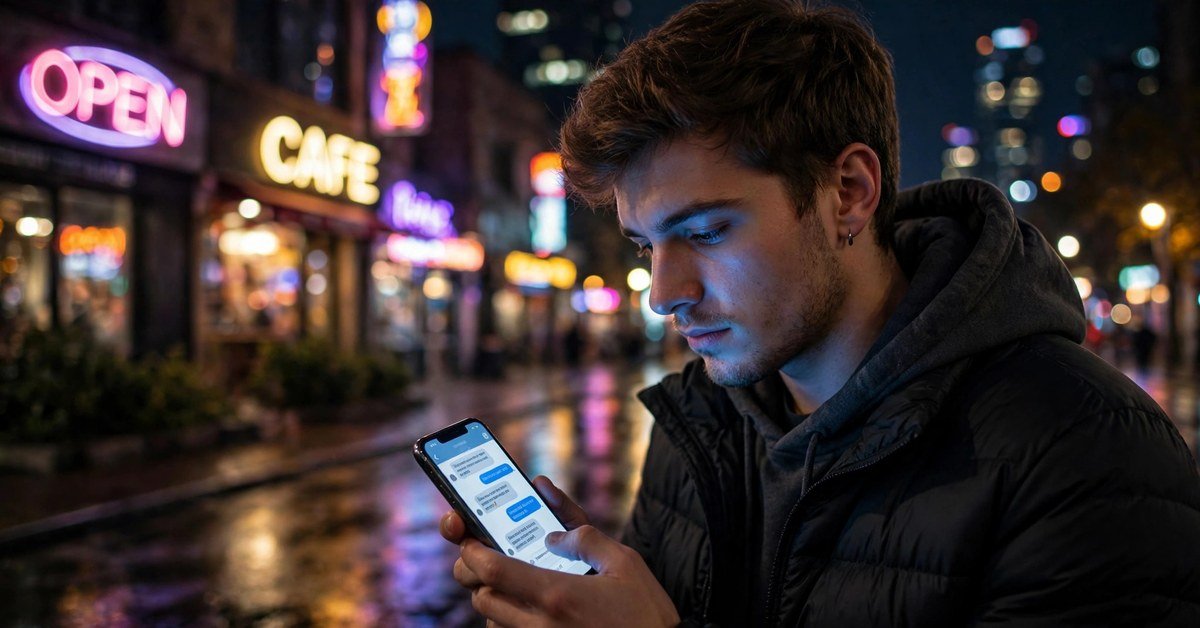 man typing a message on his phone at night with city lights behind him