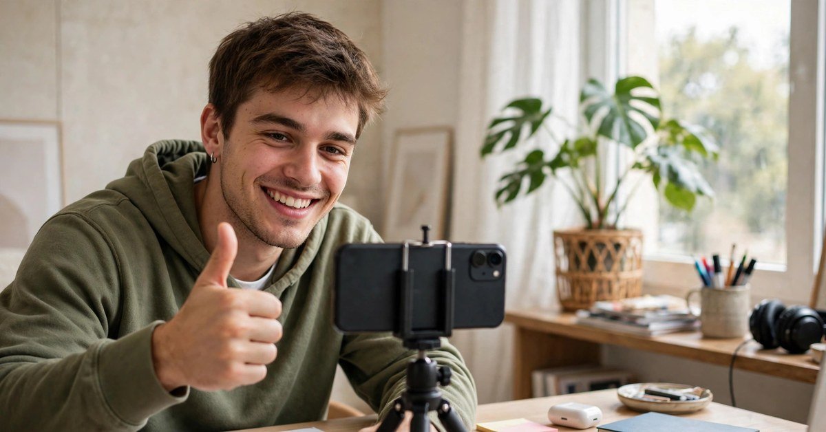 young man giving a thumbs up while recording himself on his phone