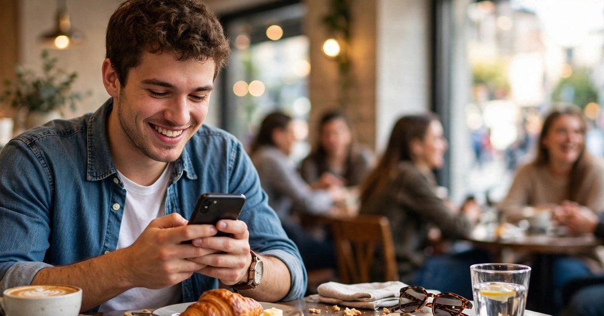 fr meaning — young man smiling while texting on his phone
