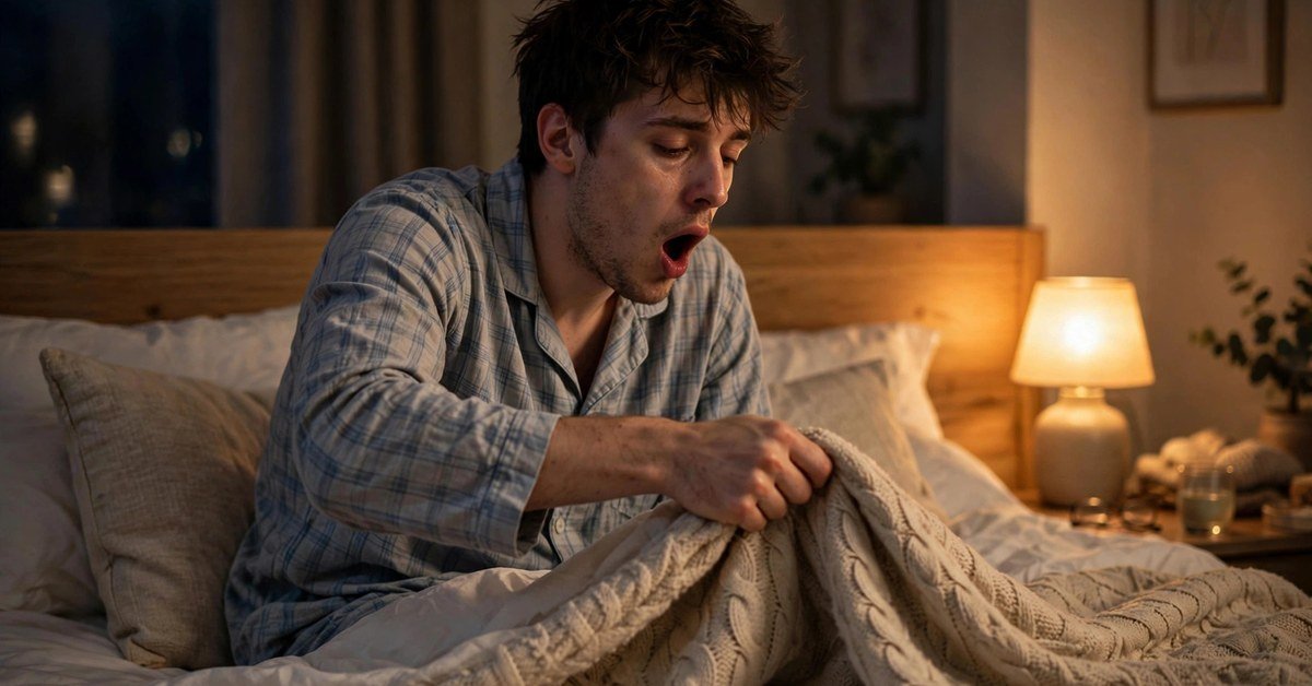 Tired young man in pajamas pulling back a cozy blanket on his bed at night