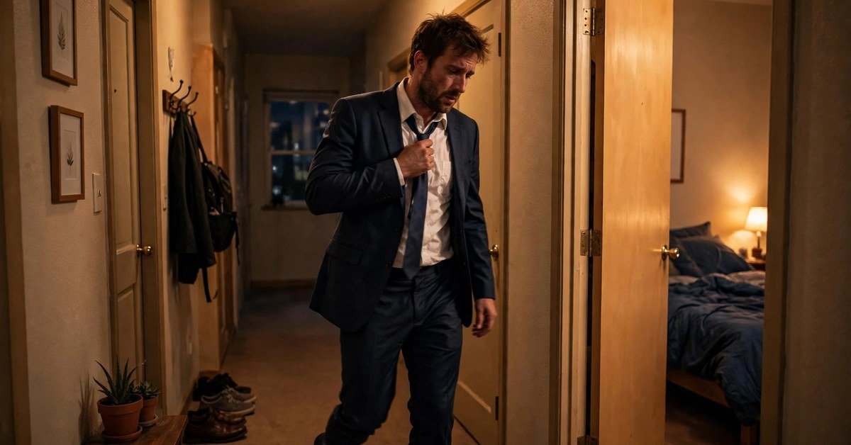 Exhausted office worker in a warmly lit apartment hallway at night, loosening his tie and heading toward the bedroom
