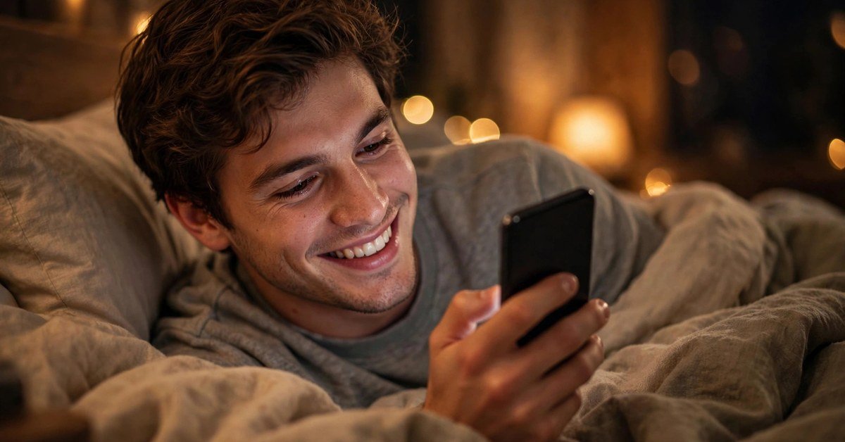 Smiling young man texting goodnight on his phone in a cozy dim bedroom
