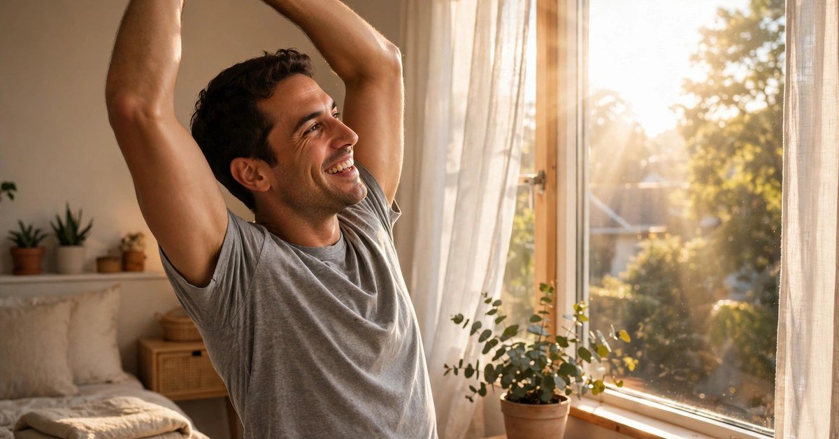 Cheerful man stretching happily beside a sunny bedroom window in the morning, fresh daylight, warm tones