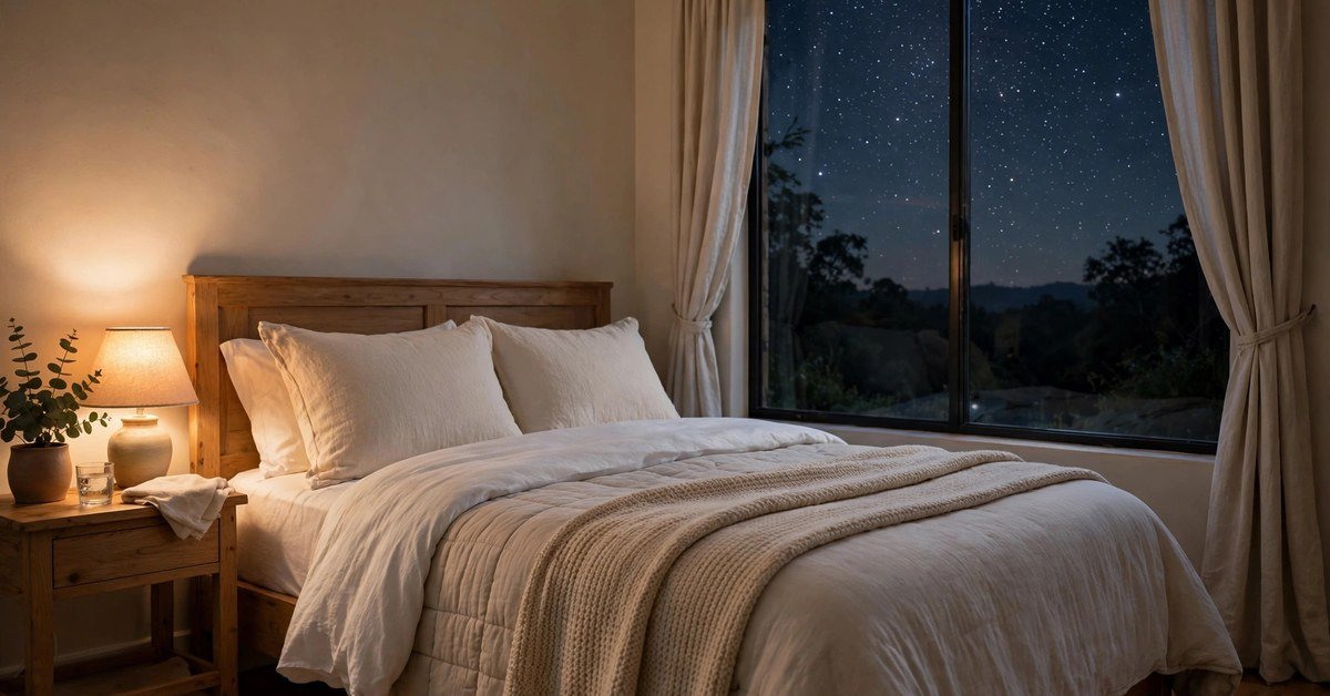 Peaceful cozy bedroom at night with a neatly made bed, soft lamp light, and a window showing a starry sky
