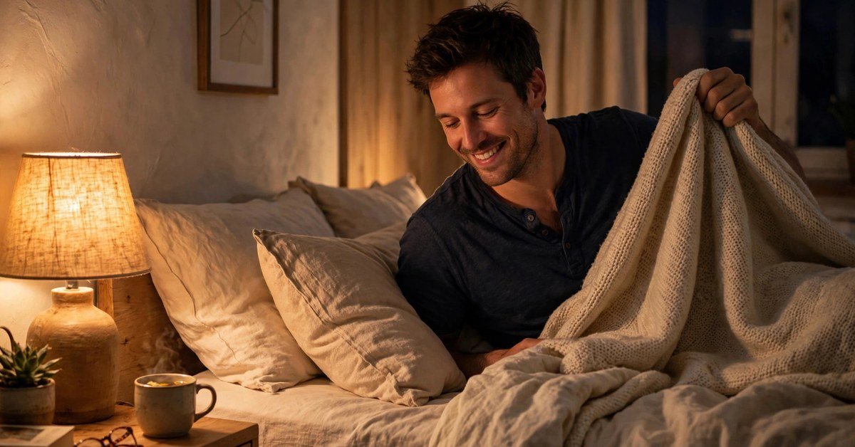 Man happily getting into bed at night in a softly lit bedroom
