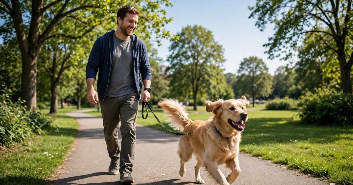 man walking his dog while the dog happily wags its tail in a park