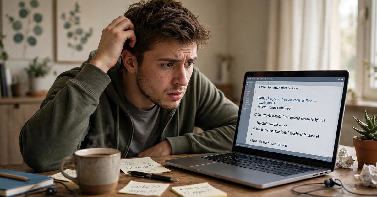 puzzled man scratching his head while looking at a sentence on his laptop