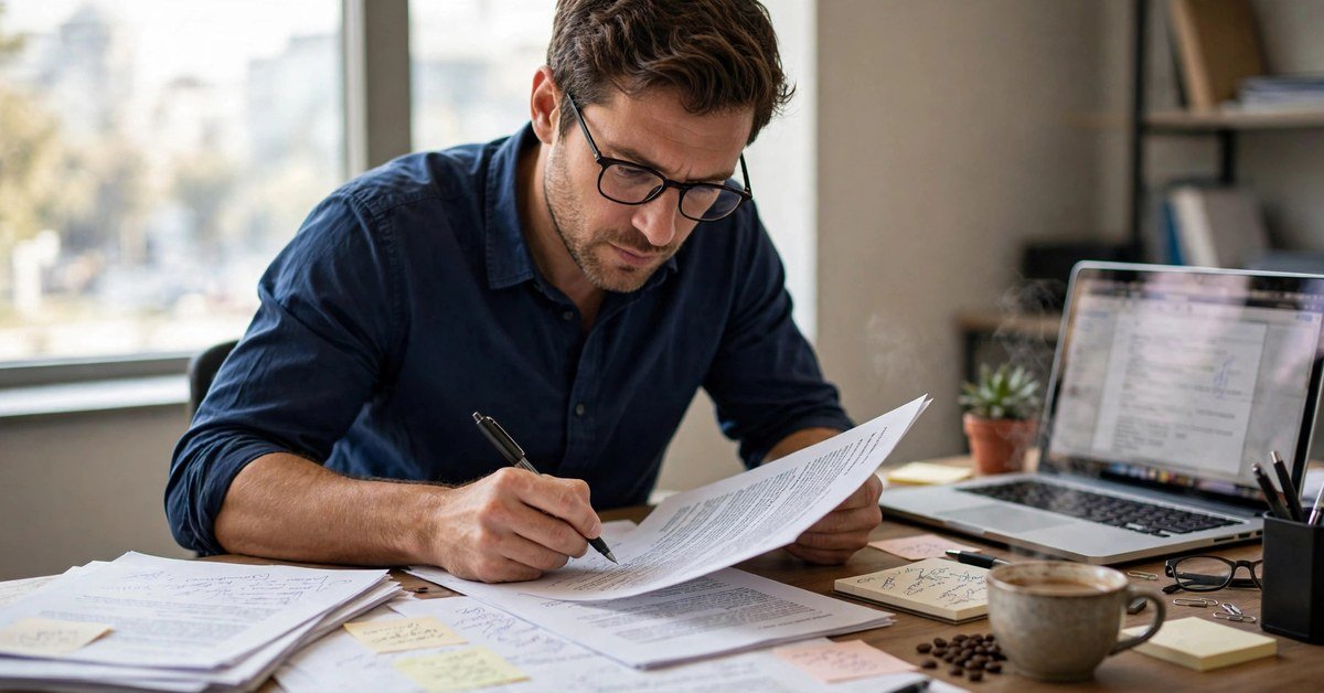 man proofreading a printed document carefully with a pen at his desk