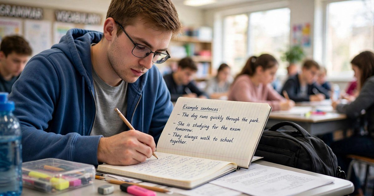 young male student writing example sentences in a notebook in a classroom
