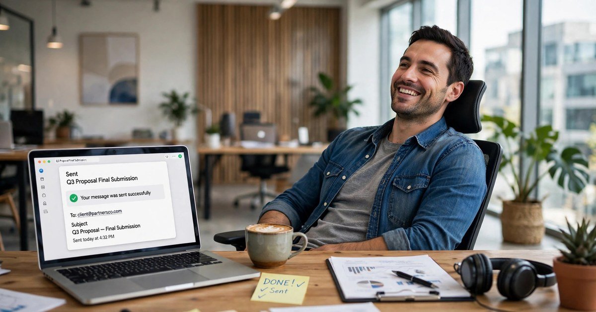 man smiling with relief after finishing an important email at his desk
