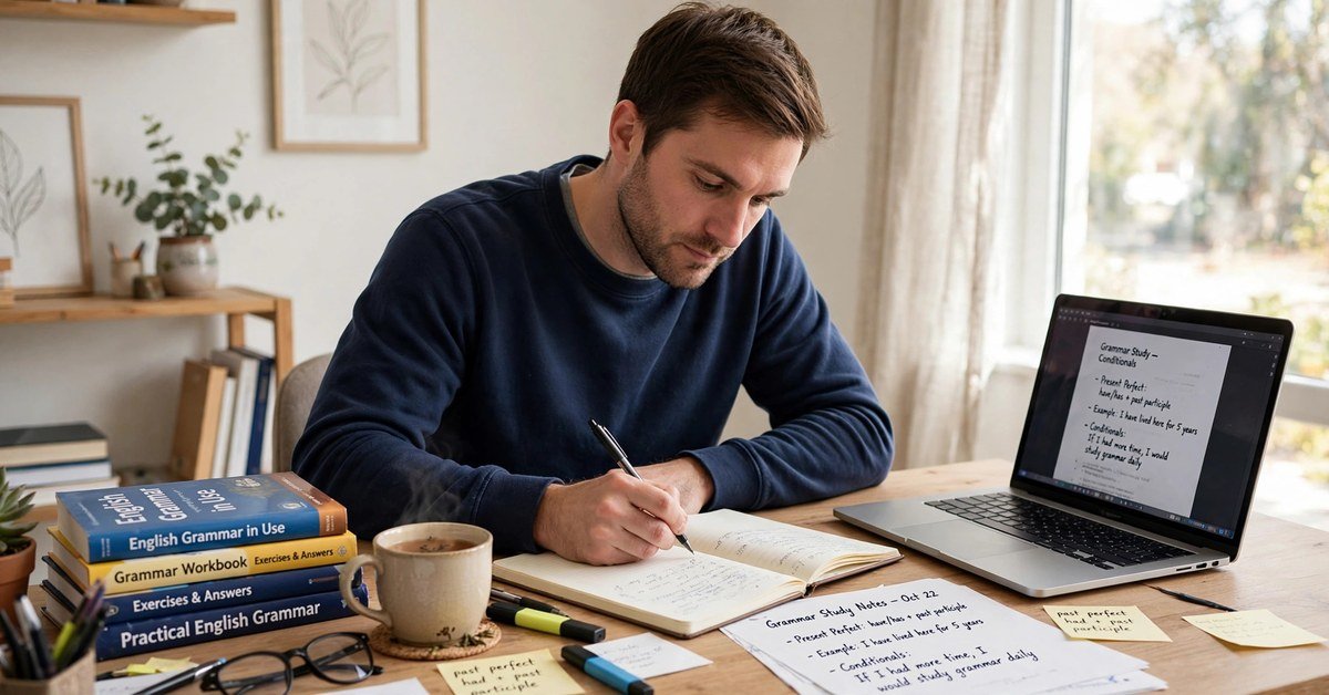 its vs it's — man writing grammar notes at his desk with a laptop