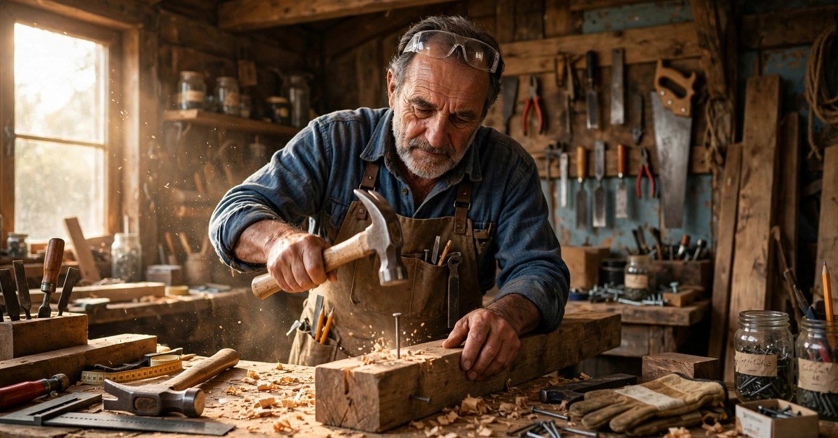 experienced carpenter man in a workshop striking a nail with one clean hit