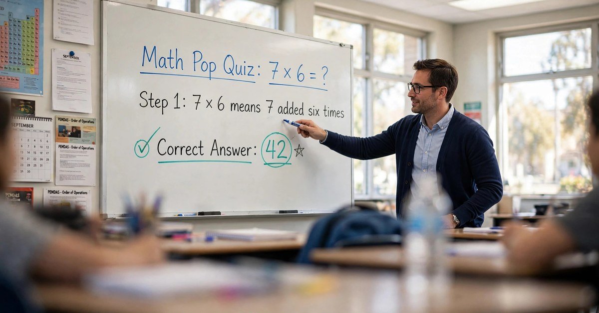 male teacher pointing at the exact correct answer on a whiteboard