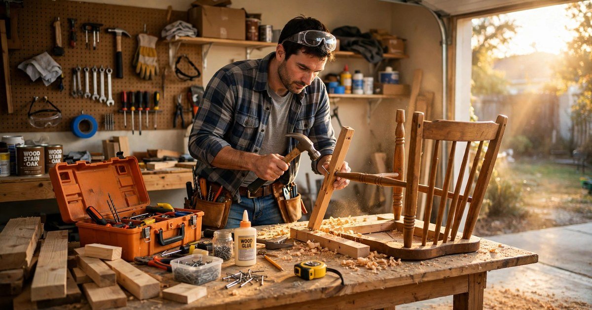 man repairing a wooden chair at home with a hammer and nails