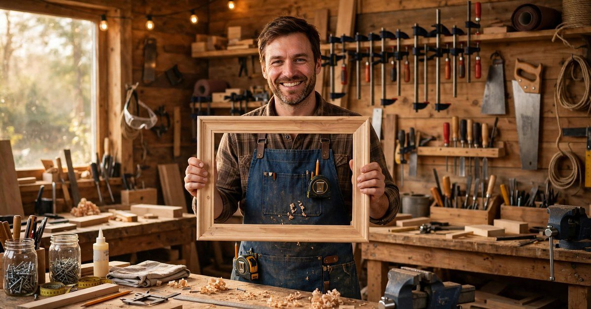 smiling carpenter man holding up a finished wooden frame