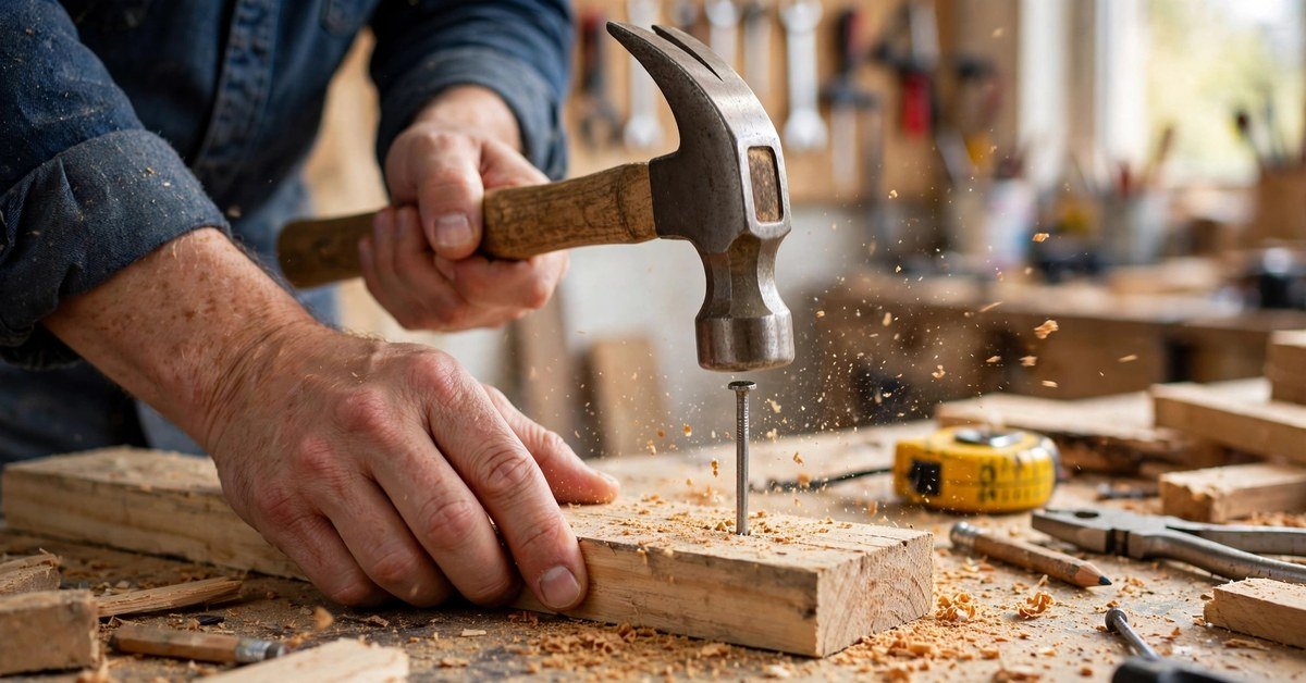 hit the nail on the head meaning — man hammering a nail exactly into wood
