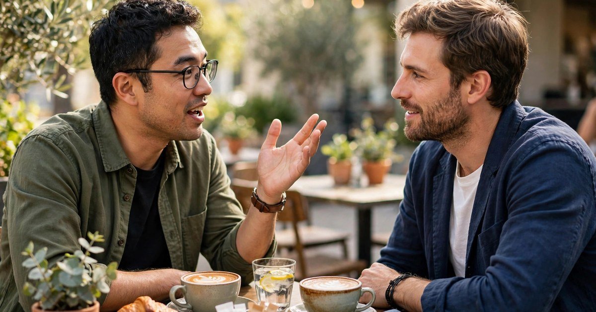 Two men chatting over coffee at a caf&eacute; table, one telling a story