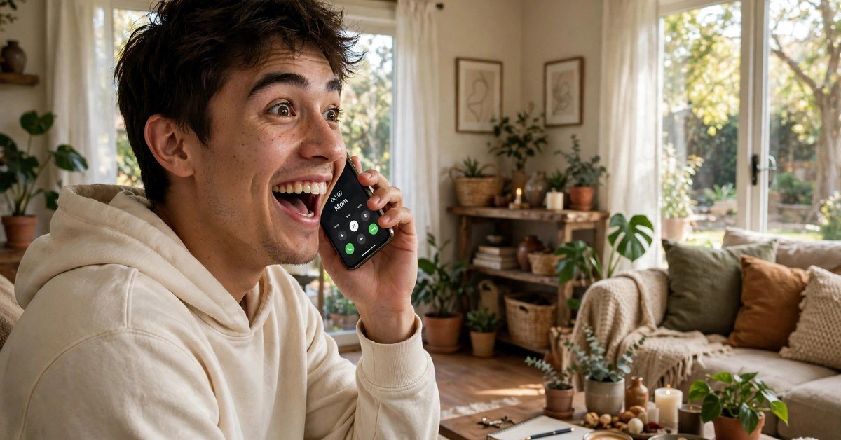 A young man laughing in surprise as he answers a phone call at home