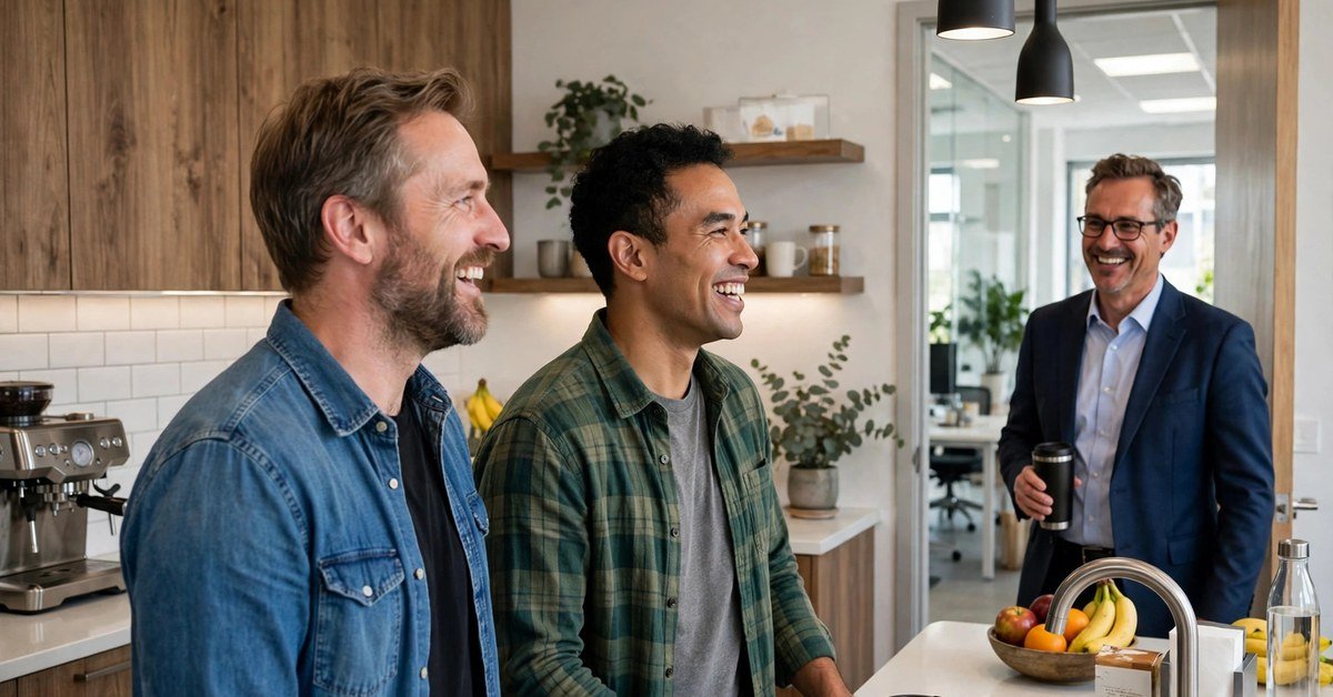 Two male coworkers laughing in an office kitchen as their boss walks in