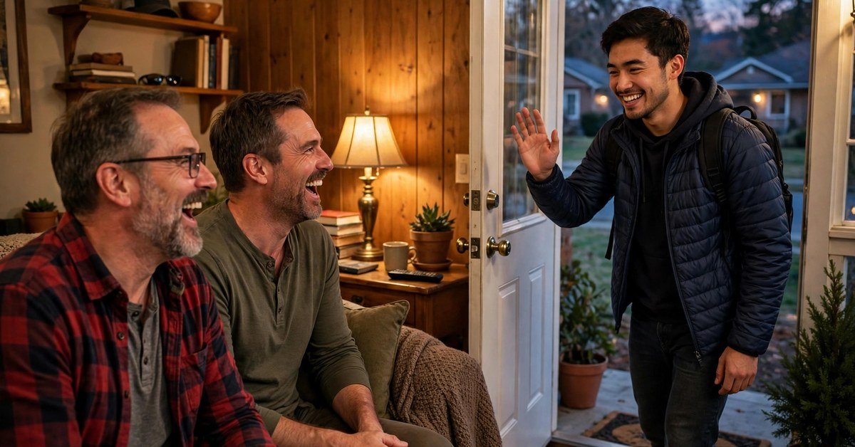 A smiling man arriving at the front door of a home while two men inside laugh