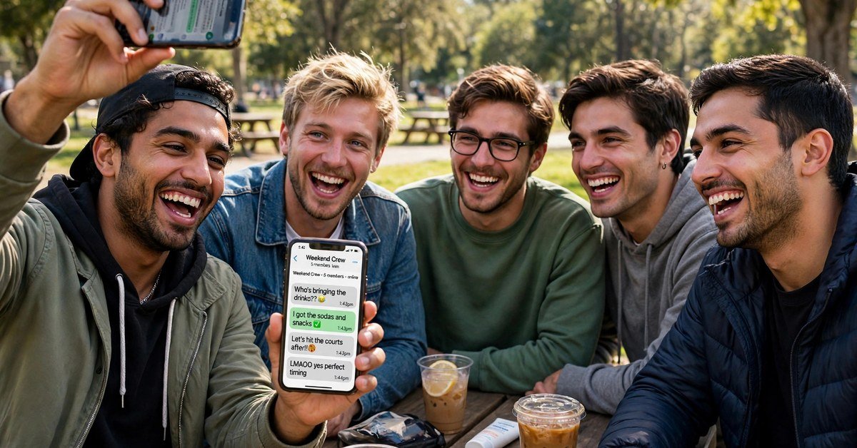A group of young male friends at a park table laughing over a group chat on a phone