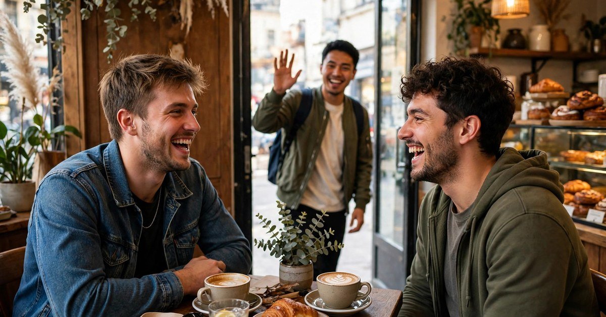Two male friends laughing at a café table as a third man arrives smiling through the doorway