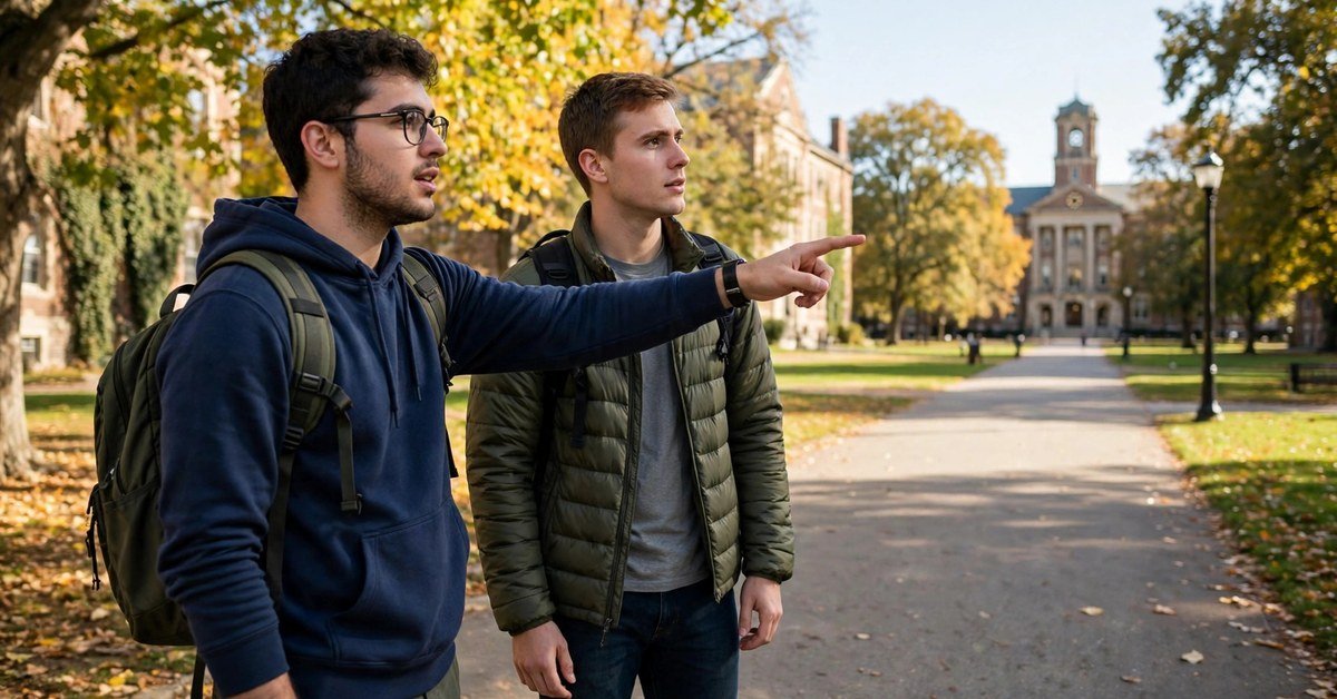 Two male students on a university campus, one pointing toward a building in the distance