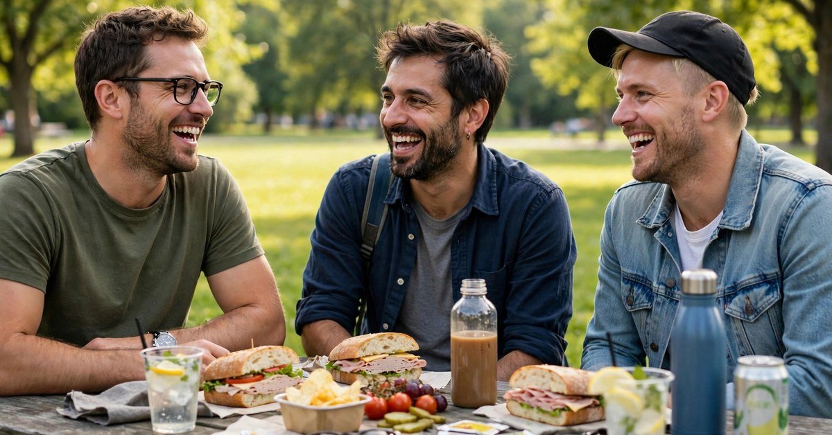 Three male friends laughing together over sandwiches at a picnic table in a park