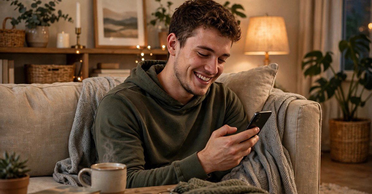 A young man texting on his phone while relaxing on a couch at home