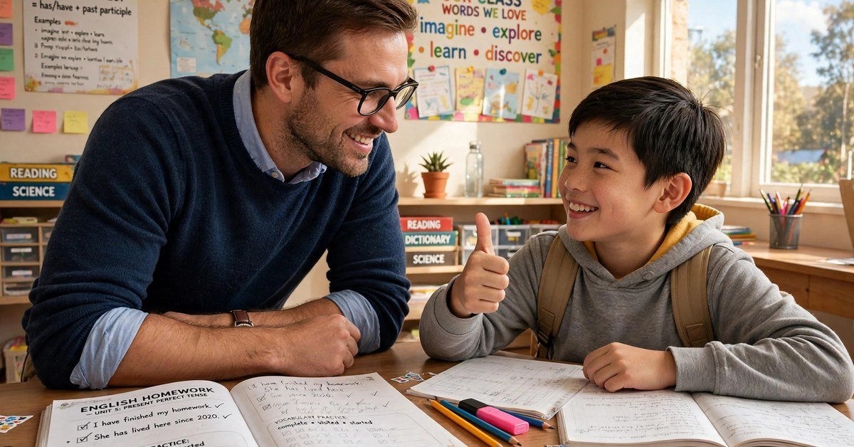 A male teacher encouraging a young male student giving a thumbs up over his homework