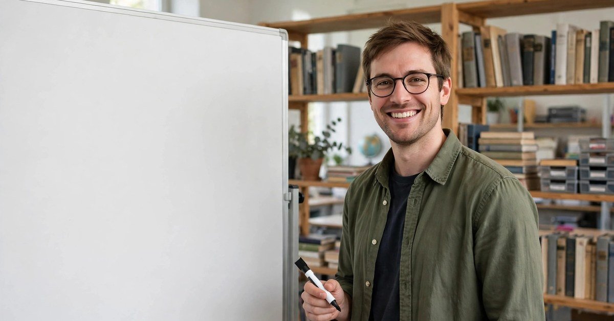 A smiling male English teacher holding a marker beside a whiteboard in a bright classroom