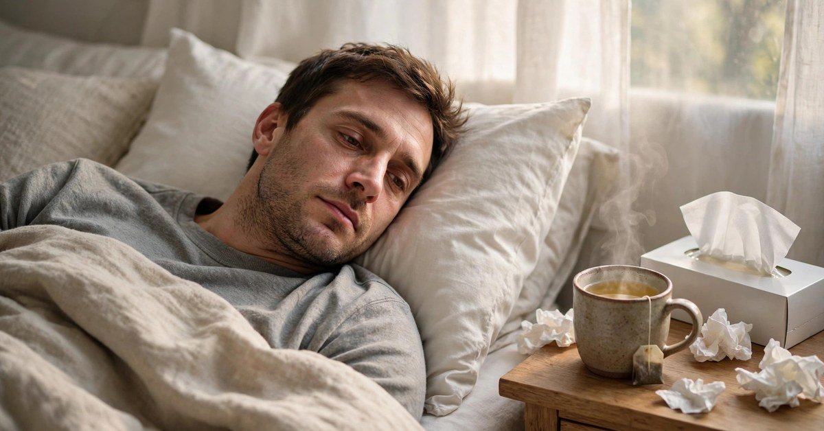 A man resting in bed with a cup of tea and tissues on the nightstand